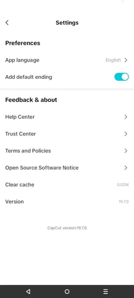 CapCut 19.7.0 Update: New Features, AI Improvements, Bug Fixes & Everything You Need to Know (2026) 2 CapCut app Settings screen showing version 19.7.0 installed