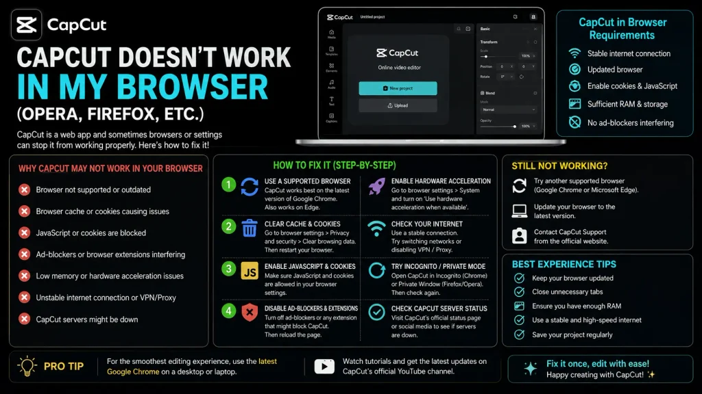 CapCut not working in Browser (Firefox, Opera, etc.) — Why, and What to Do 1 CapCut Doesn't Work in My Browser
