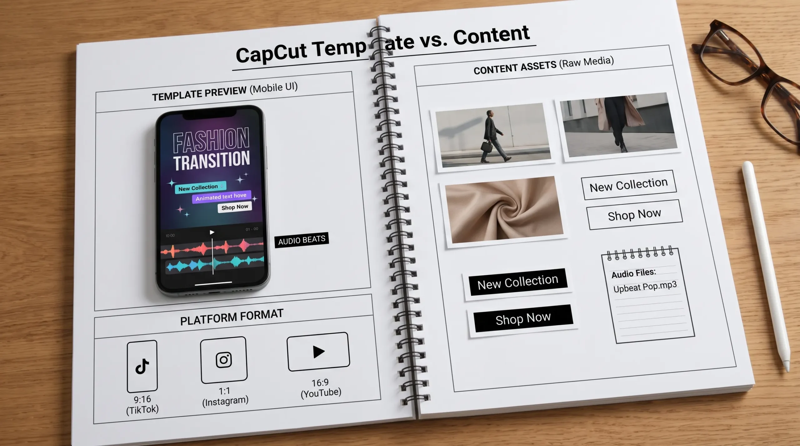 How to Choose a CapCut Template That Fits Your Video 1 A storyboard layout comparing a CapCut template preview with video clips, text boxes, audio beats and platform format choices.
