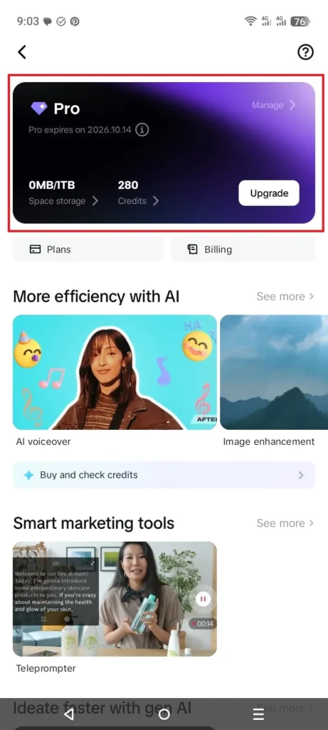 CapCut Cloud Storage: What It Is, How to Use It & What Changed in 2026 1 CapCut account page showing subscription plan and cloud storage quota