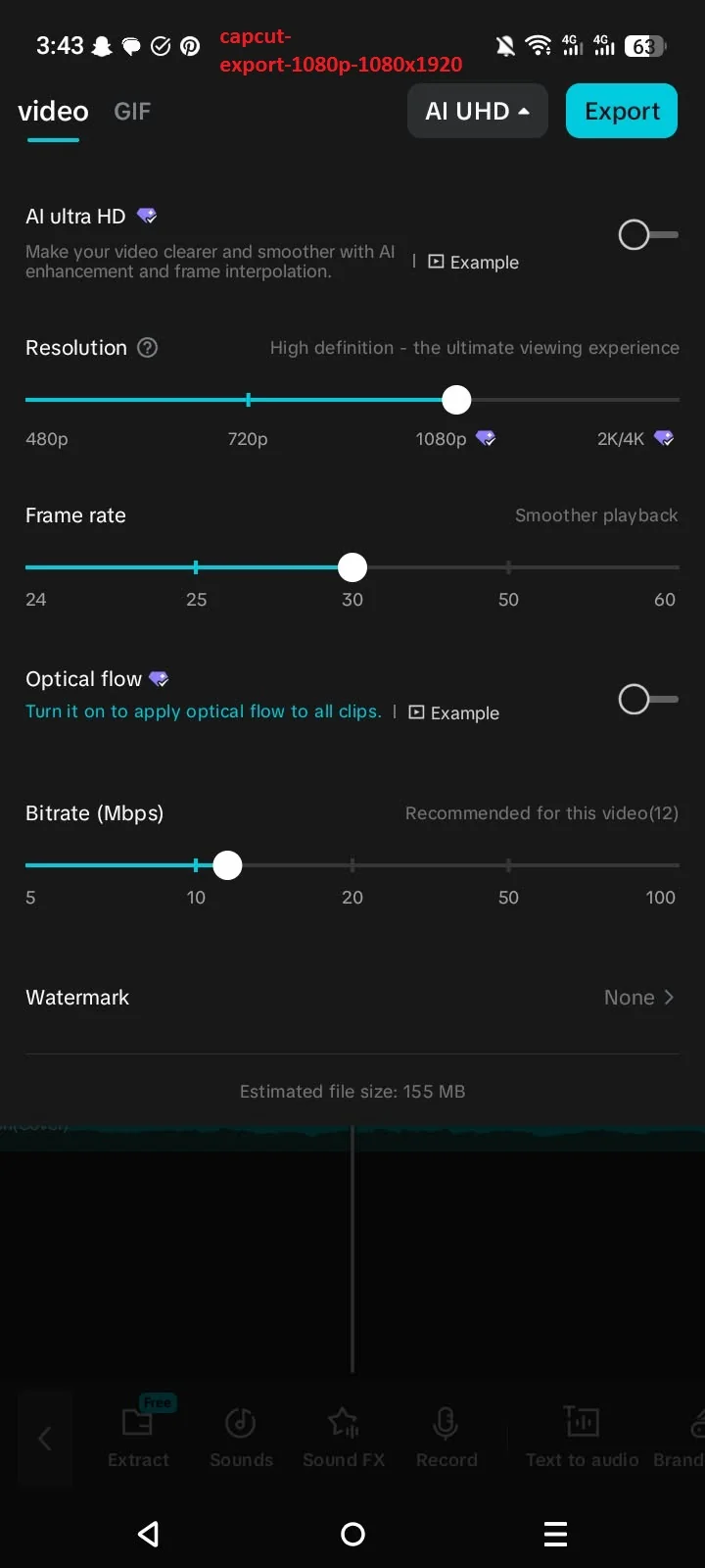 How to Create a Drop Transition in CapCut (Complete 2026 Guide) 10 CapCut export settings with 1080p resolution selected