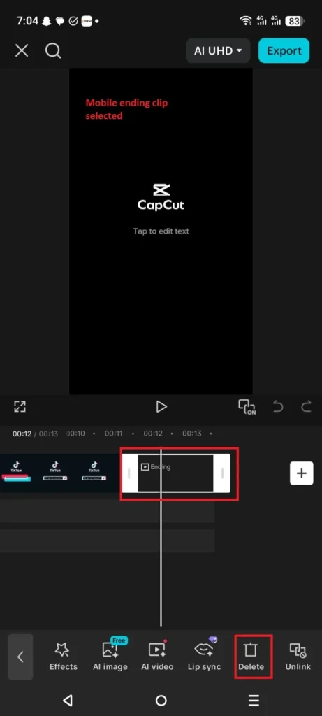 CapCut Export Has a Watermark? Here's Why and How to Fix It 3 CapCut mobile timeline with the branded ending clip selected