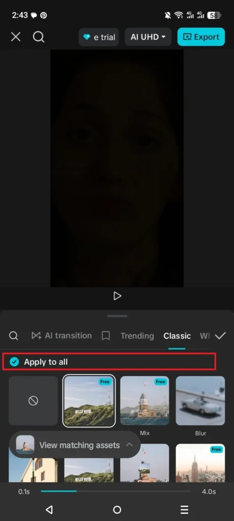 🎥 How to Add Smooth Transitions in CapCut (Complete Step-by-Step Guide for 2026) 5 Apply to All option for transitions in CapCut mobile