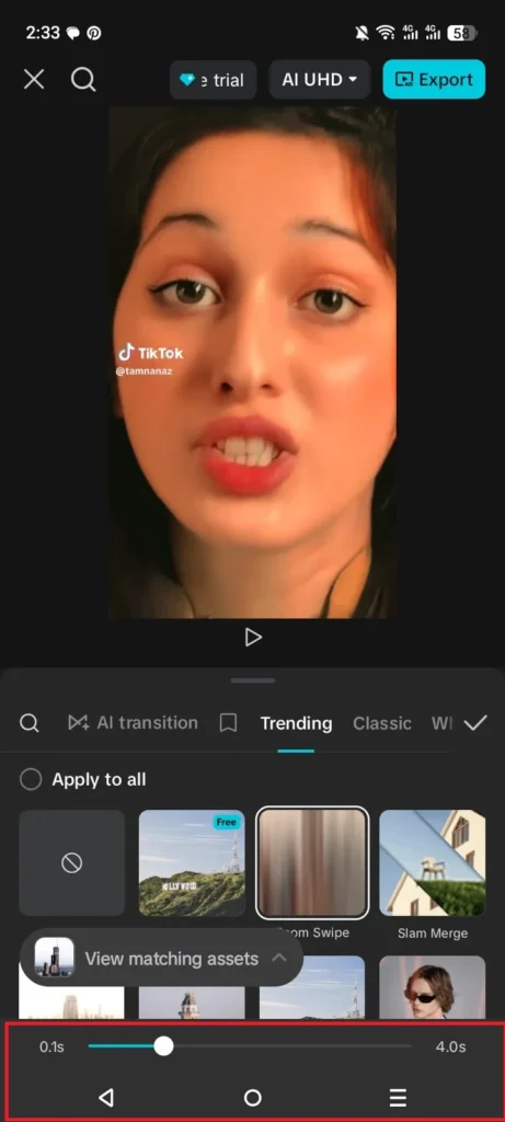 🎥 How to Add Smooth Transitions in CapCut (Complete Step-by-Step Guide for 2026) 4 Transition duration slider in CapCut mobile