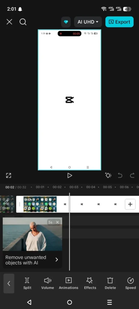How to Record Screen Using CapCut: Complete 2026 Guide 3 Trimming a screen recording on the CapCut timeline with the split tool